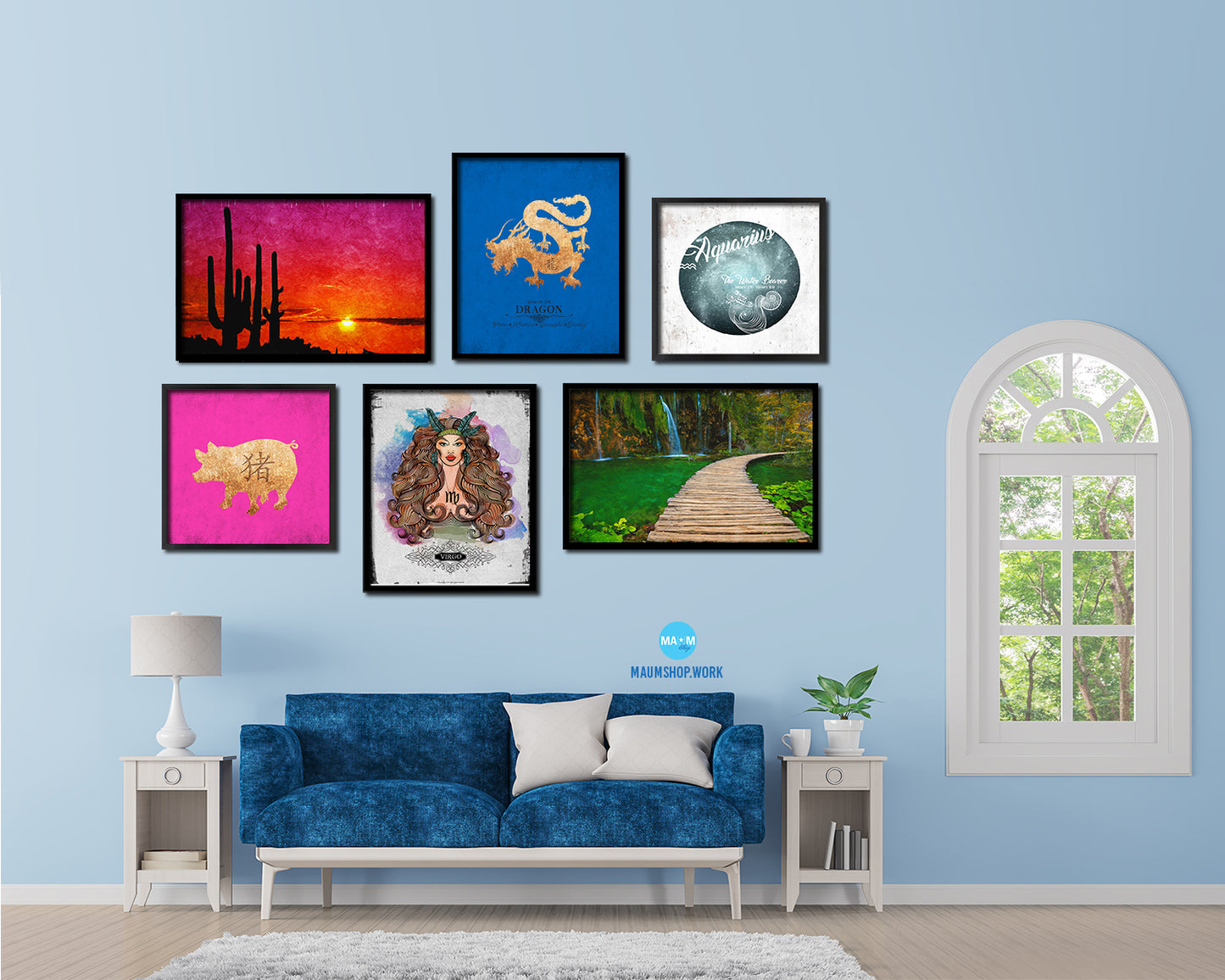 Dragon Chinese Zodiac Character Black Framed Art Paper Print Wall Art Decor Gifts, Blue