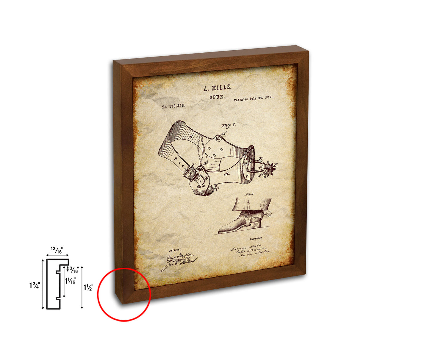 Spur Cowboy Vintage Patent Artwork Walnut Frame Print Wall Art Decor Gifts