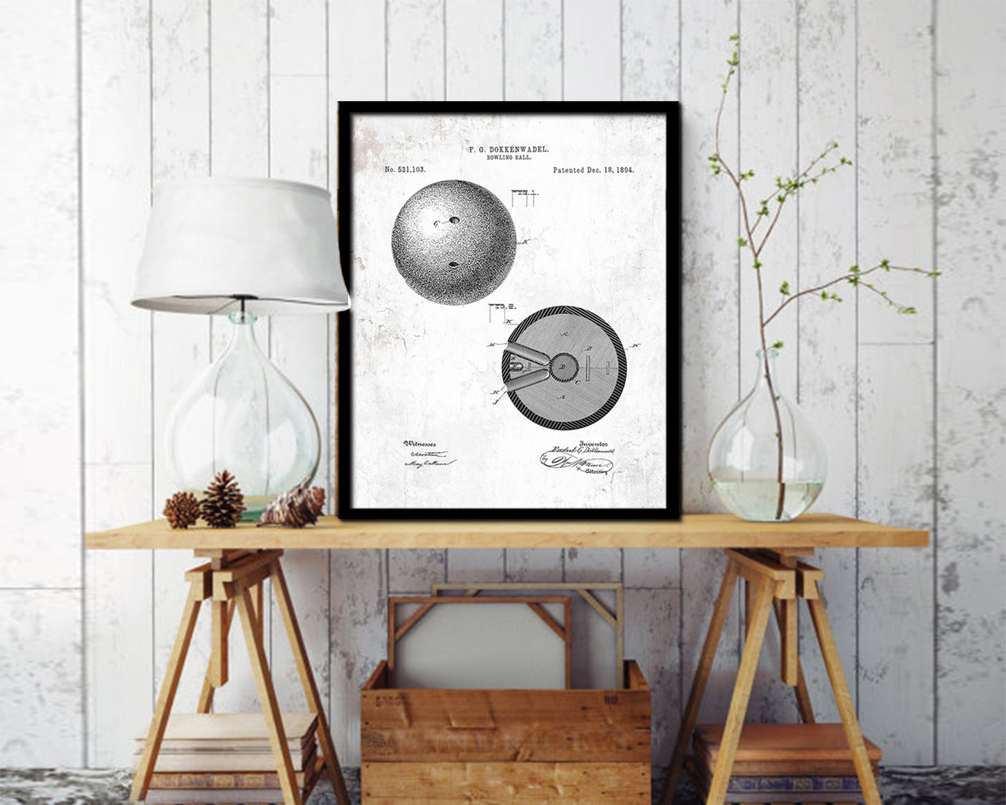 Bowling Ball Sports Vintage Patent Artwork Black Frame Print Gifts