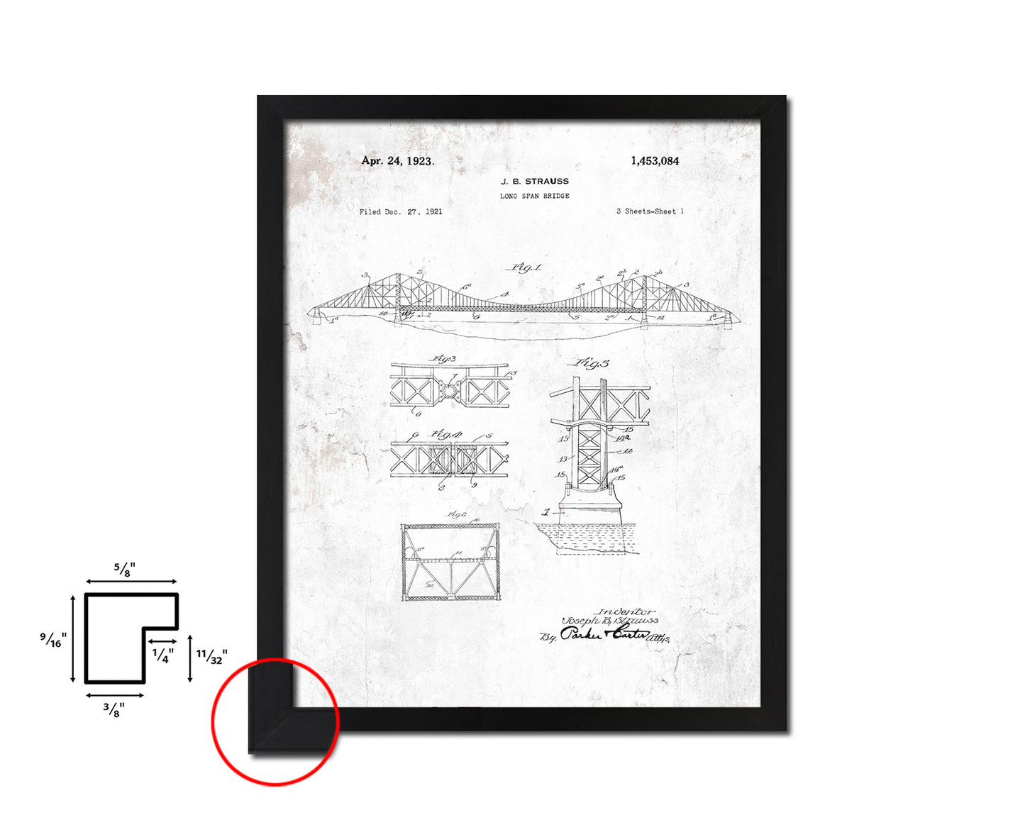 Long Span Bridge Vintage Patent Artwork Black Frame Print Wall Art Decor Gifts