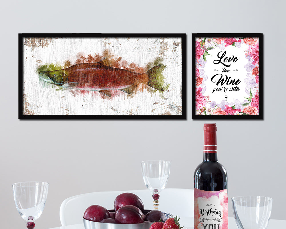 Sockeye Salmon Fish Art Wood Frame Shabby Chic Restaurant Sushi Wall Decor Gifts, 10" x 20"