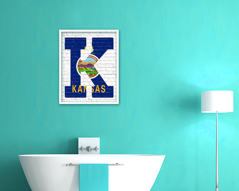 Kansas State Initial Flag Wood Framed Paper Print Decor Wall Art Gifts, Brick
