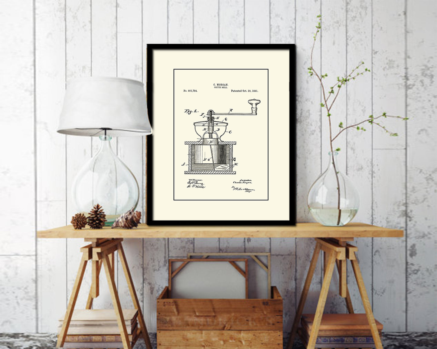 Mill Coffee Vintage Patent Artwork Black Frame Print Wall Art Decor Gifts