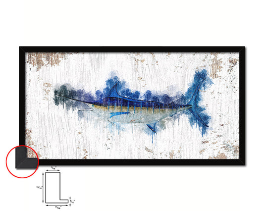 Blue Marlin Fish Art Wood Frame Shabby Chic Restaurant Sushi Wall Decor Gifts, 10" x 20"