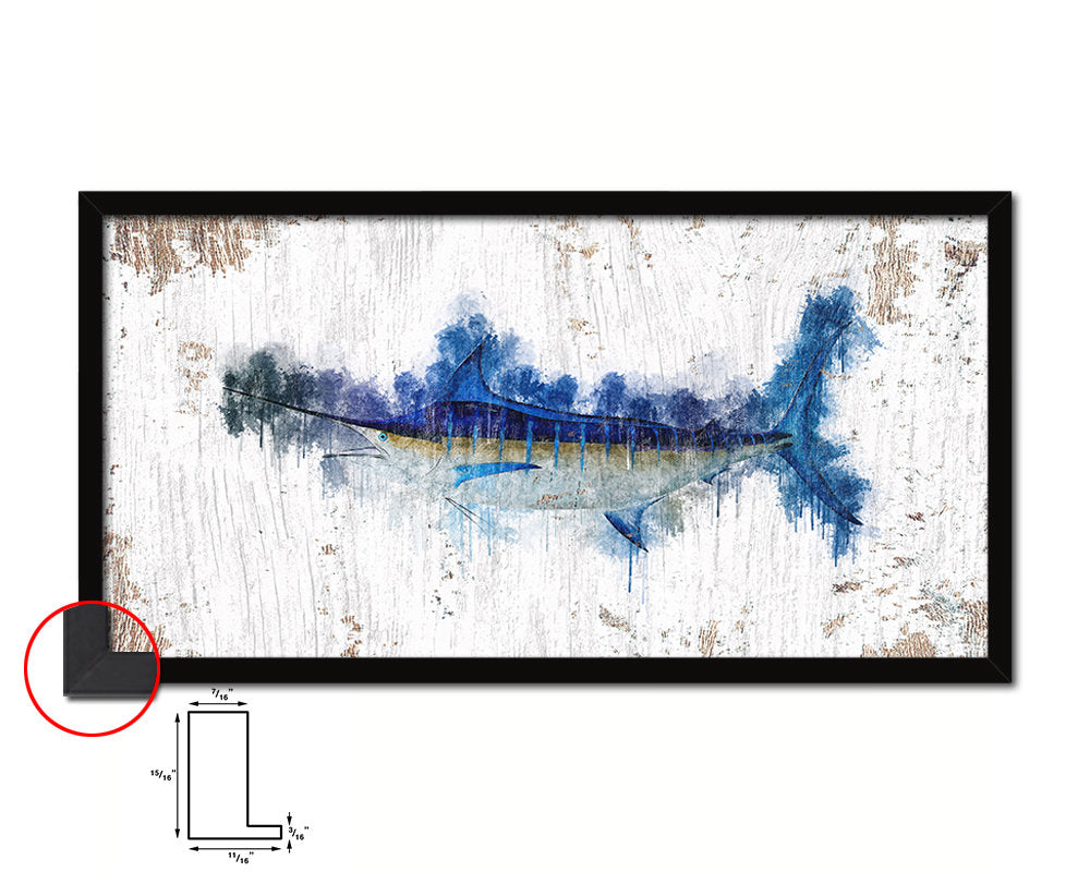 Blue Marlin Fish Art Wood Frame Shabby Chic Restaurant Sushi Wall Decor Gifts, 10" x 20"