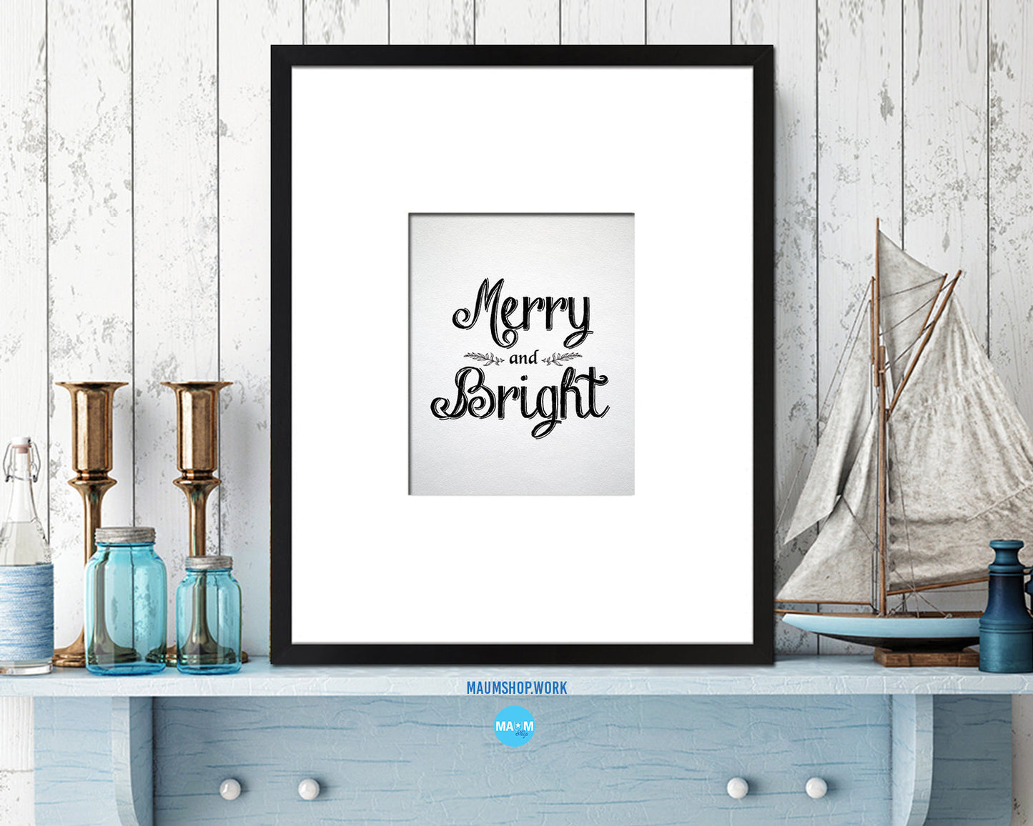 Merry and Bright Holiday Season Gifts Wood Framed Print Home Decor Wall Art