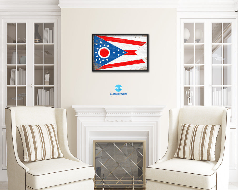 Ohio State Shabby Chic Flag Wood Framed Paper Print  Wall Art Decor Gifts