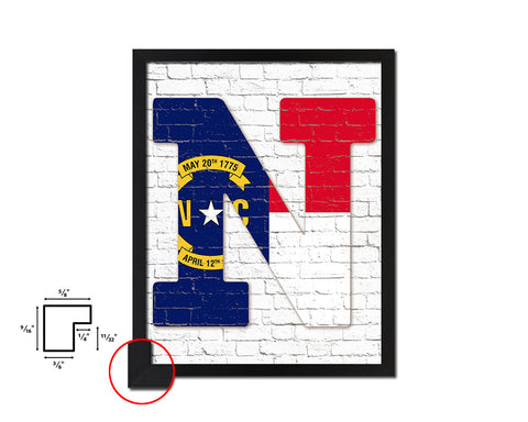North Carolina State Initial Flag Wood Framed Paper Print Decor Wall Art Gifts, Brick