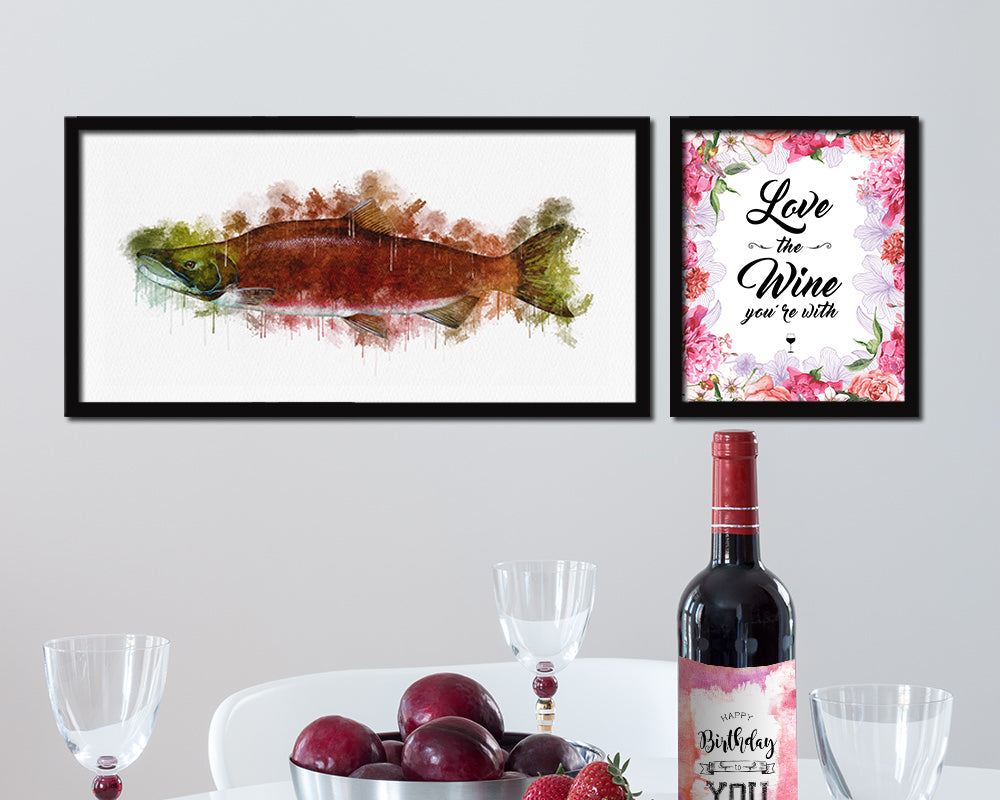 Sockeye Salmon Fish Art Wood Frame Modern Restaurant Sushi Wall Decor Gifts, 10" x 20"