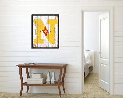 New Mexico State Initial Flag Wood Framed Paper Print Decor Wall Art Gifts, Beach