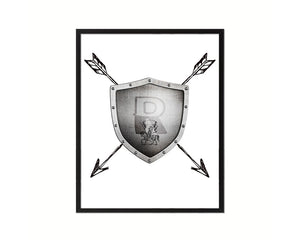 Letter R Medieval Castle Knight Shield Sword Monogram Framed Print Wall Art Decor Gifts