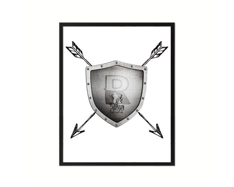 Letter R Medieval Castle Knight Shield Sword Monogram Framed Print Wall Art Decor Gifts