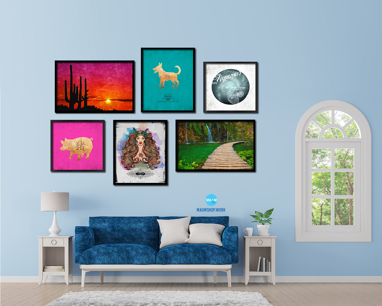 Dog Chinese Zodiac Character Black Framed Art Paper Print Wall Art Decor Gifts, Aqua