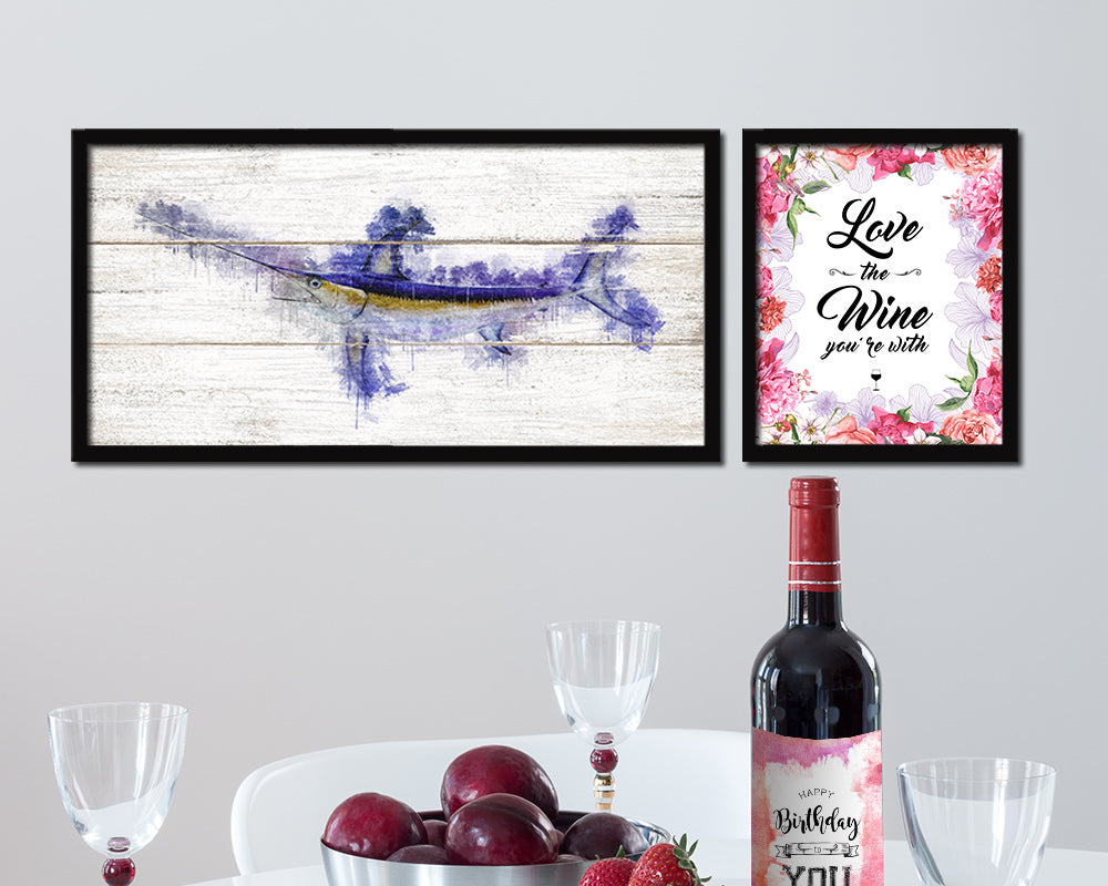 Sword Fish Art Wood Framed White Wash Restaurant Sushi Wall Decor Gifts, 10" x 20"