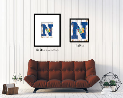 New York State Initial Flag Wood Framed Paper Print Decor Wall Art Gifts, Beach