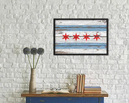 Chicago City Illinois State Rustic Flag Wood Framed Paper Prints Decor Wall Art Gifts