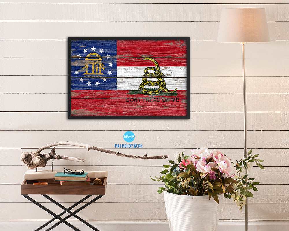 Gadsden Don't Tread On Me Georgia State Wood Rustic Flag Framed Print Art