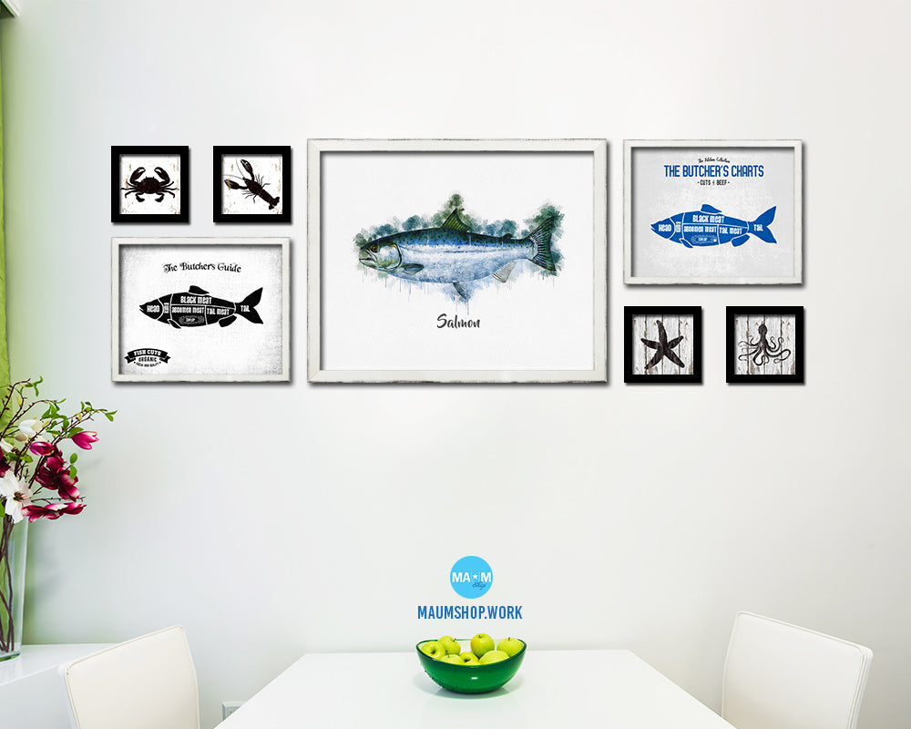 Salmon Fish Framed Prints Modern Restaurant Sushi Bar Watercolor Wall Art Decor