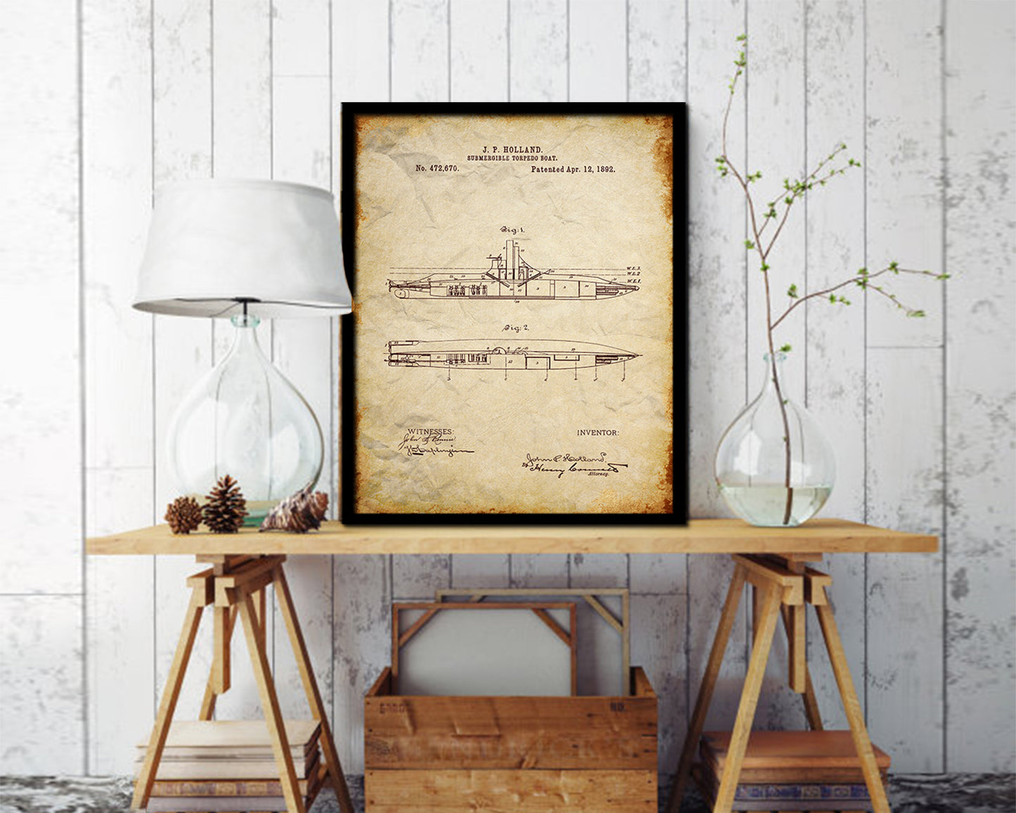Submarine Nautical Vintage Patent Artwork Walnut Frame Gifts