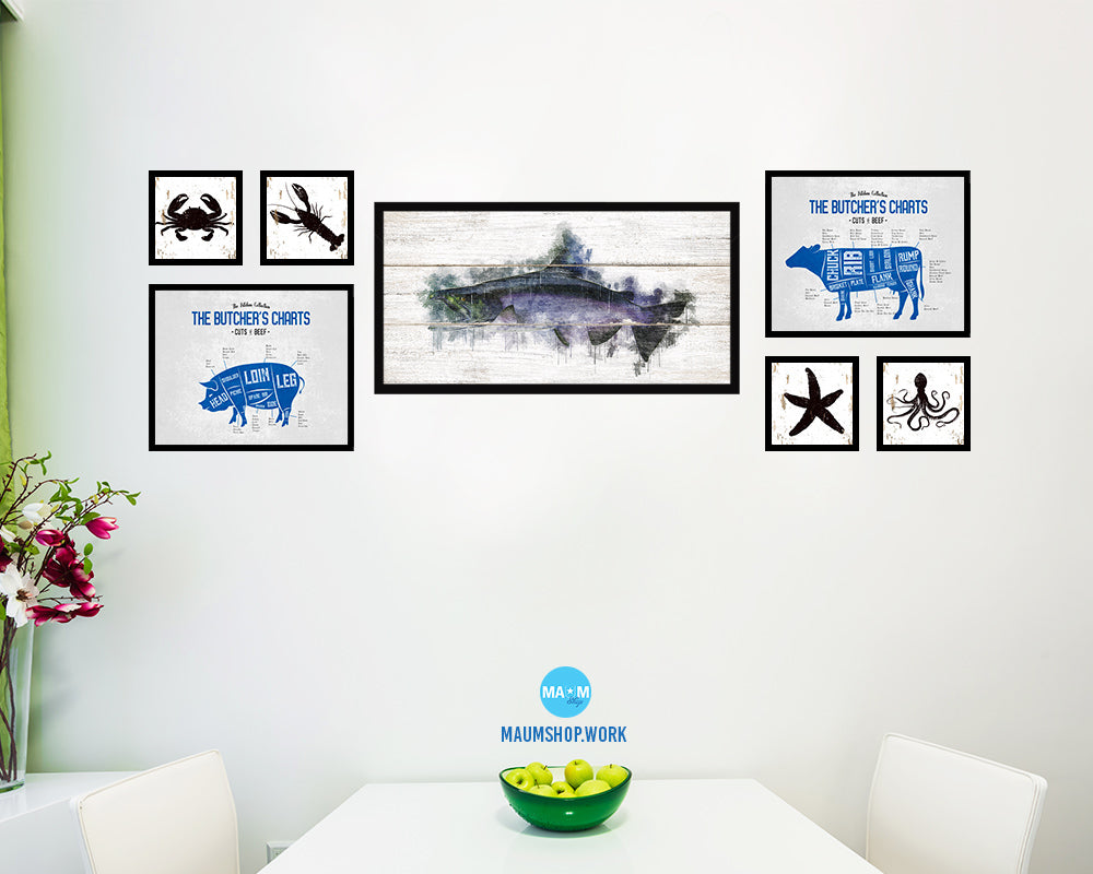 King Salmon Fish Art Wood Framed White Wash Restaurant Sushi Wall Decor Gifts, 10" x 20"