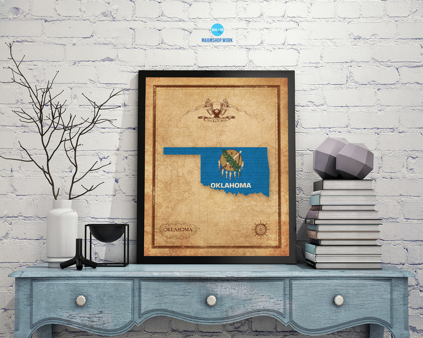 Oklahoma State Vintage Map Wood Framed Paper Print  Wall Art Decor Gifts