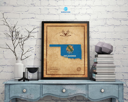 Oklahoma State Vintage Map Wood Framed Paper Print  Wall Art Decor Gifts