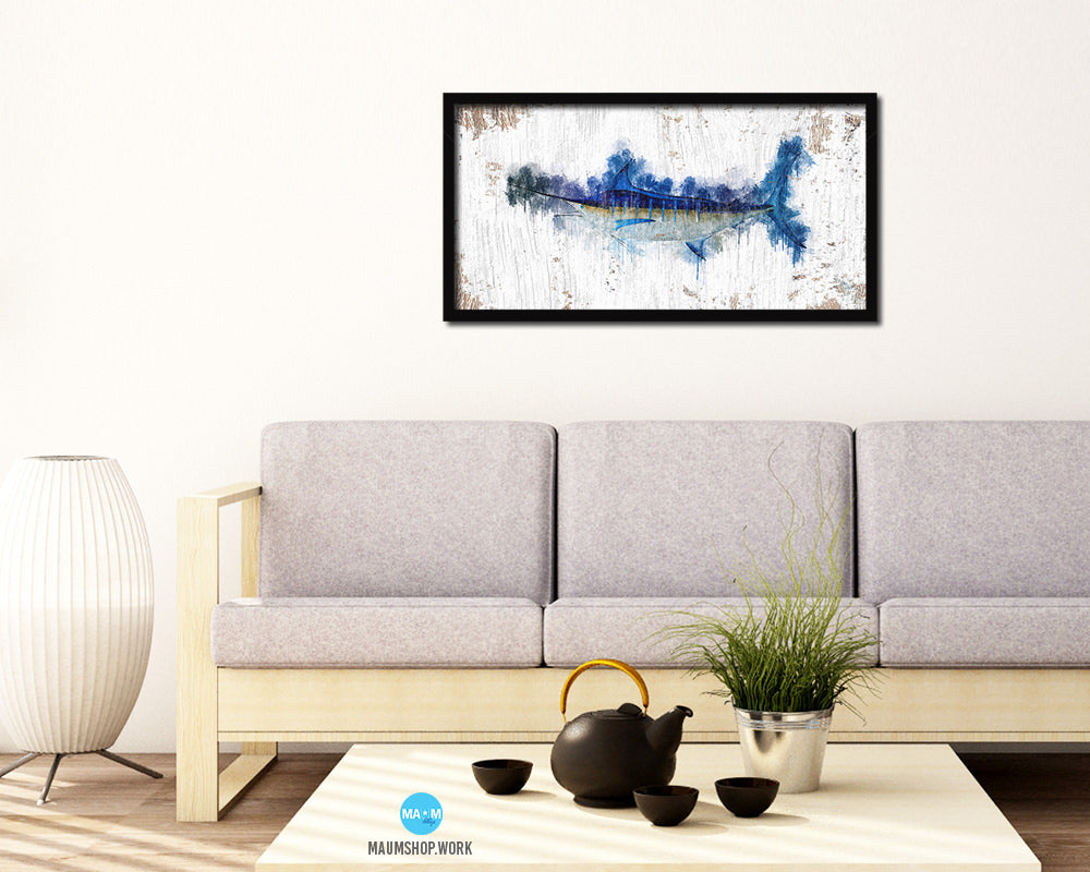 Blue Marlin Fish Art Wood Frame Shabby Chic Restaurant Sushi Wall Decor Gifts, 10" x 20"