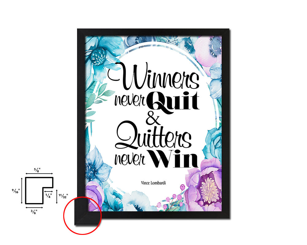 Winners never quit, Vince Lombardi Quote Boho Flower Framed Print Wall Decor Art