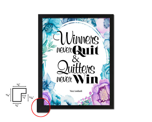 Winners never quit, Vince Lombardi Quote Boho Flower Framed Print Wall Decor Art