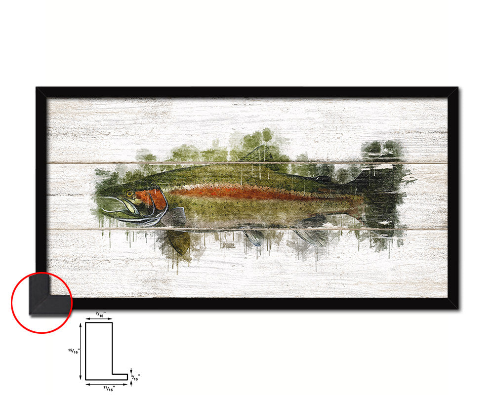 Salmon Fish Art Wood Framed White Wash Restaurant Sushi Wall Decor Gifts, 10" x 20"