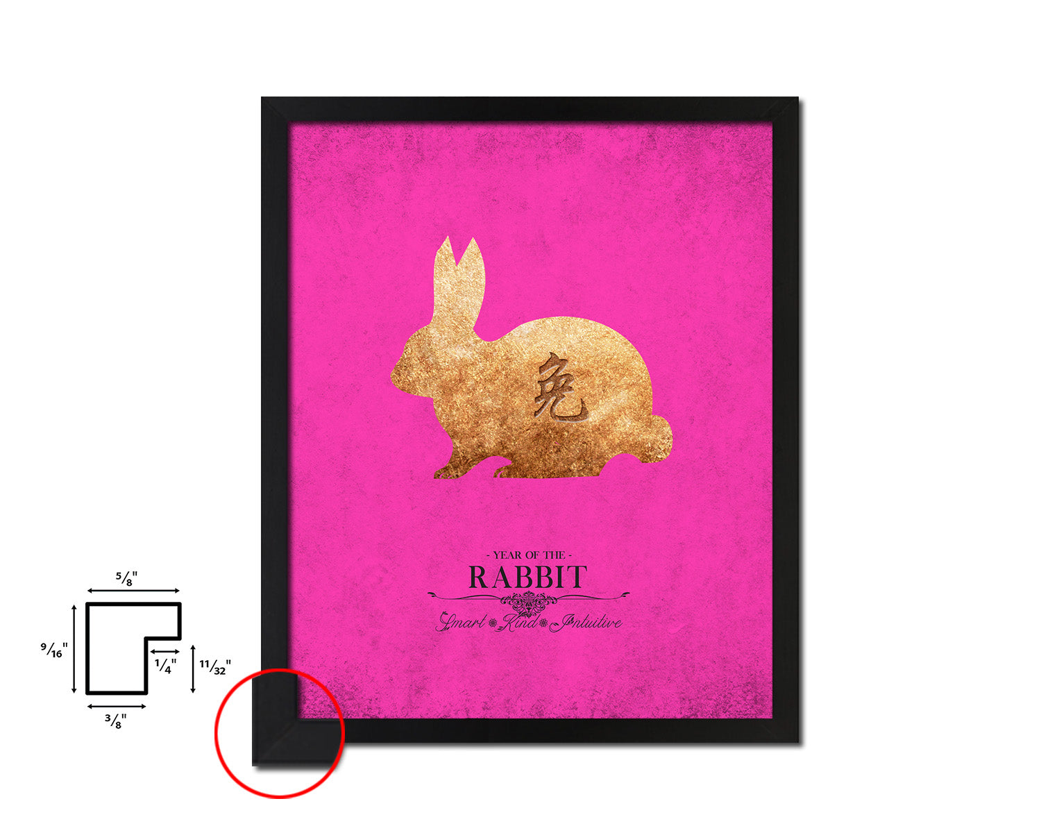 Rabbit Chinese Zodiac Character Black Framed Art Paper Print Wall Art Decor Gifts, Pink