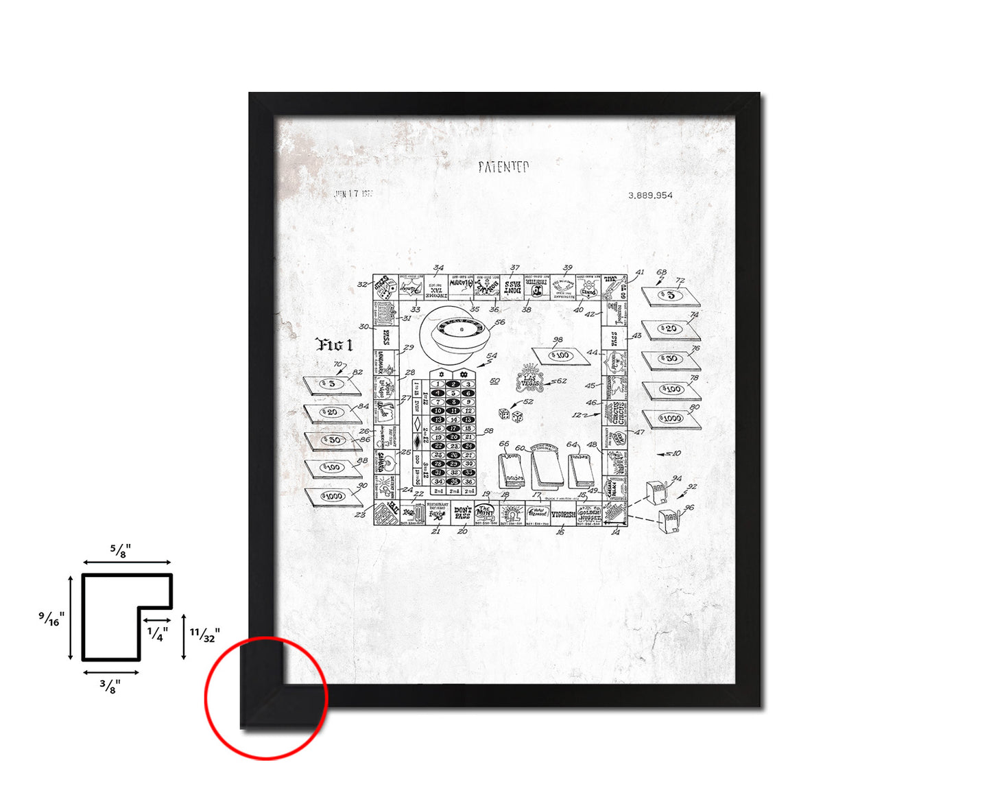 Craps Board Game Playing Card Vintage Patent Artwork Black Frame Print Gifts