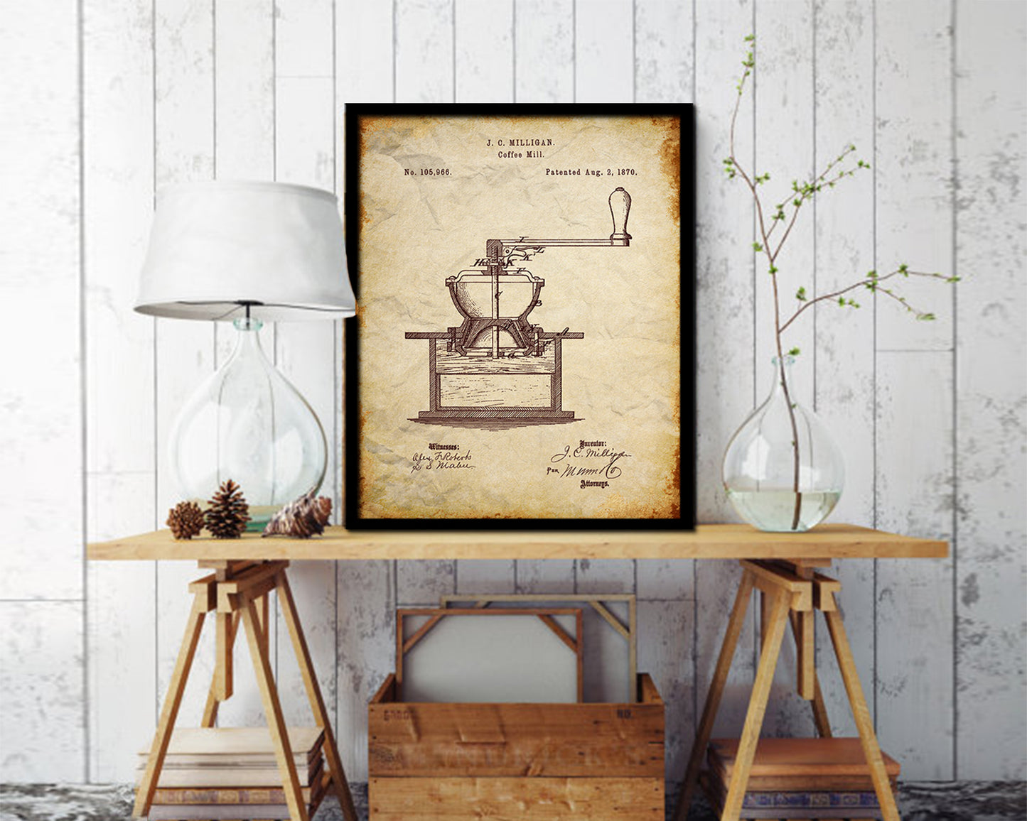 Mill Coffee Vintage Patent Artwork Walnut Frame Print Wall Art Decor Gifts