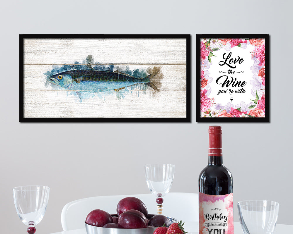 Mackeral Fish Art Wood Framed White Wash Restaurant Sushi Wall Decor Gifts, 10" x 20"