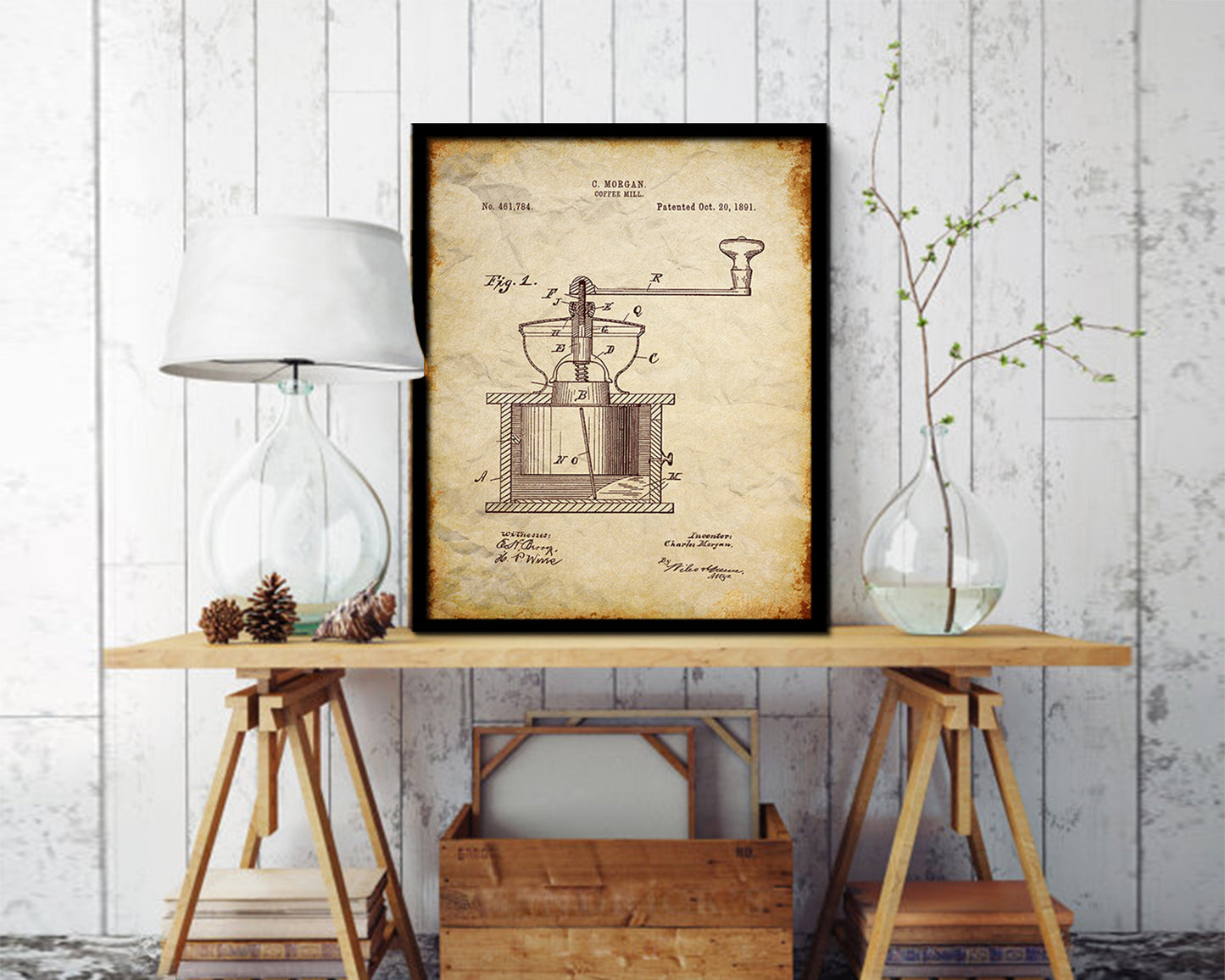 Mill Coffee Vintage Patent Artwork Walnut Frame Print Wall Art Decor Gifts