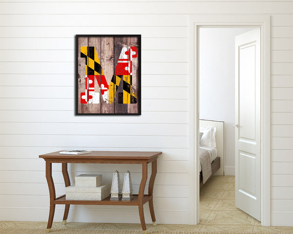 Maryland State Initial Flag Wood Framed Paper Print Decor Wall Art Gifts, Wood