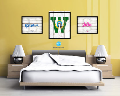 Washington State Initial Flag Wood Framed Paper Print Decor Wall Art Gifts, Beach