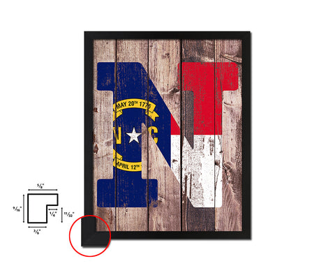North Carolina State Initial Flag Wood Framed Paper Print Decor Wall Art Gifts, Wood