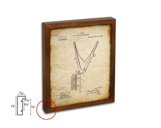 Haircut Comb Scissors Barbershop Vintage Patent Artwork Walnut Frame Print Wall Art Decor Gifts