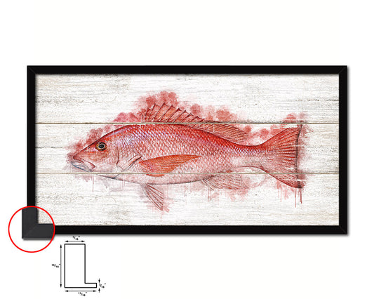 Red Snapper Fish Art Wood Framed White Wash Restaurant Sushi Wall Decor Gifts, 10" x 20"