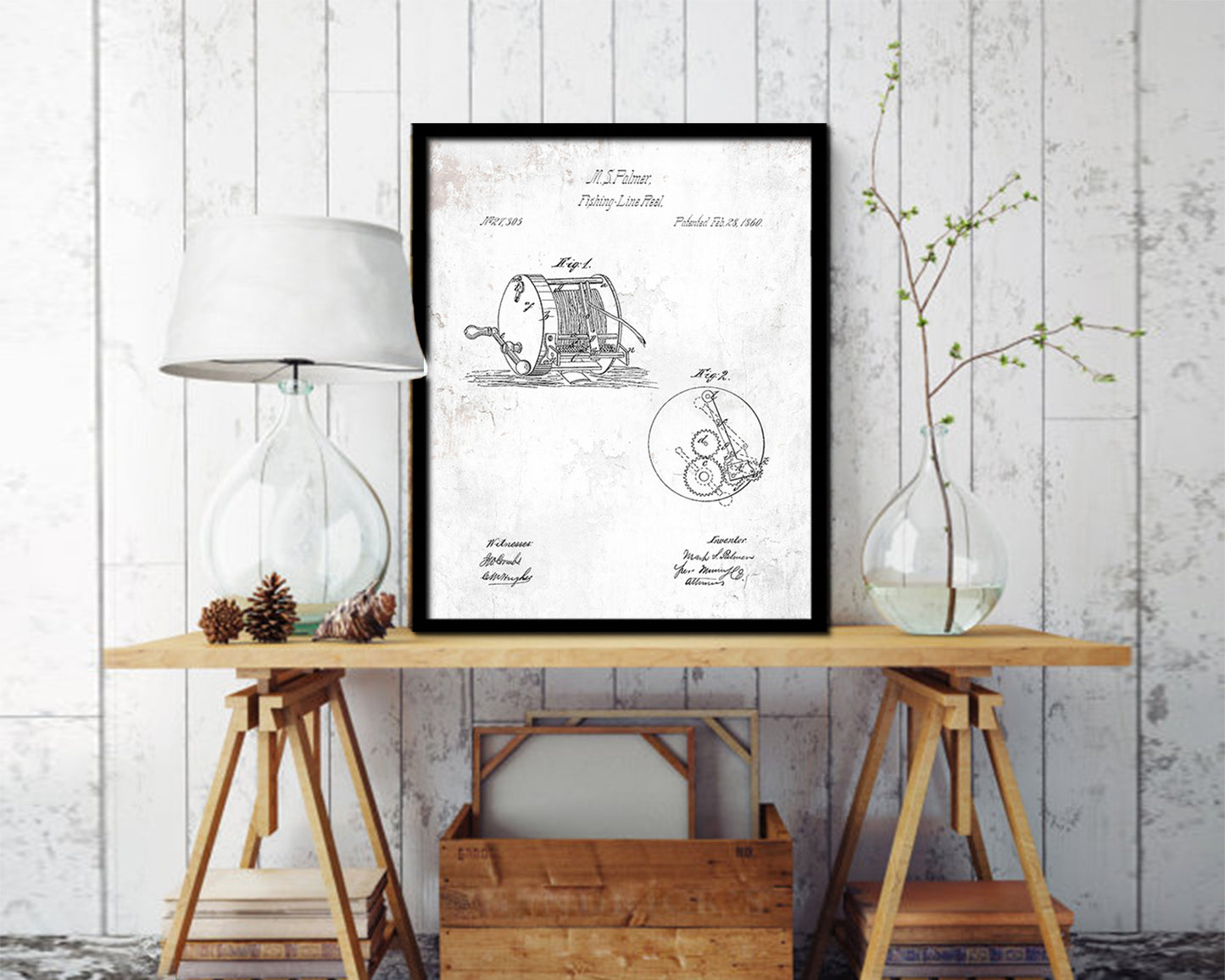 Line Reel Fishing Vintage Patent Artwork Black Frame Print Wall Art Decor Gifts