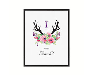 Initial Letter I Watercolor Floral Boho Monogram Art Framed Print Baby Girl Room Wall Decor Gifts