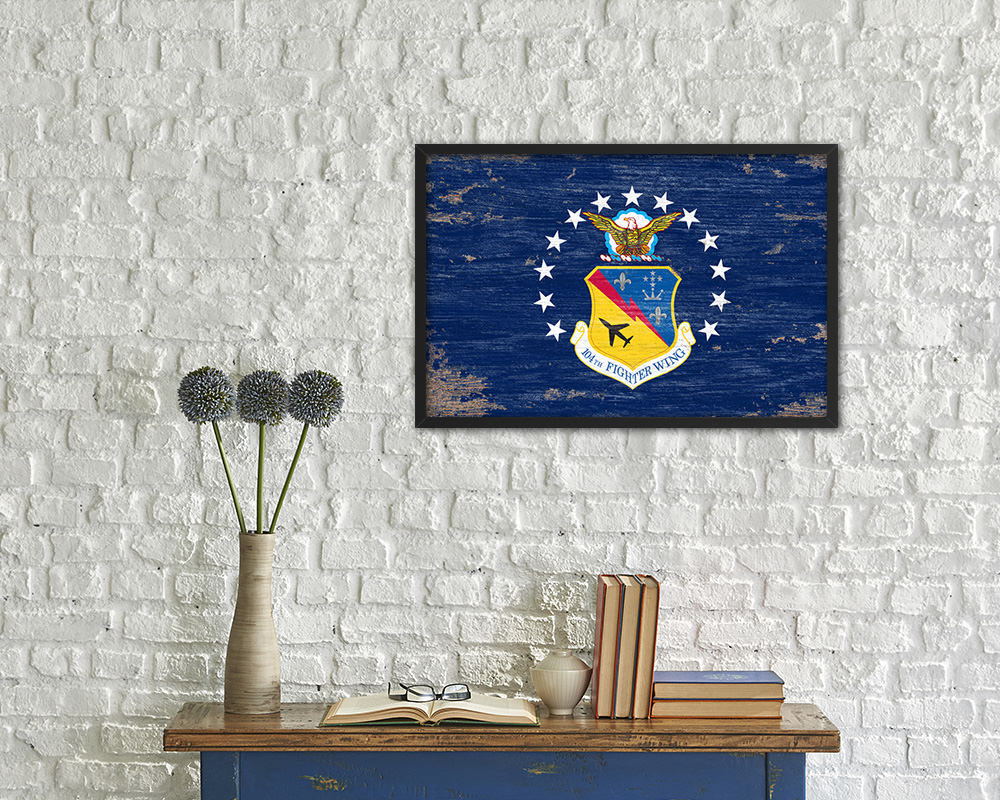 104th Fighter Wing Shabby Chic Emblem Flag Wood Framed Prints Wall Art Decor Gifts