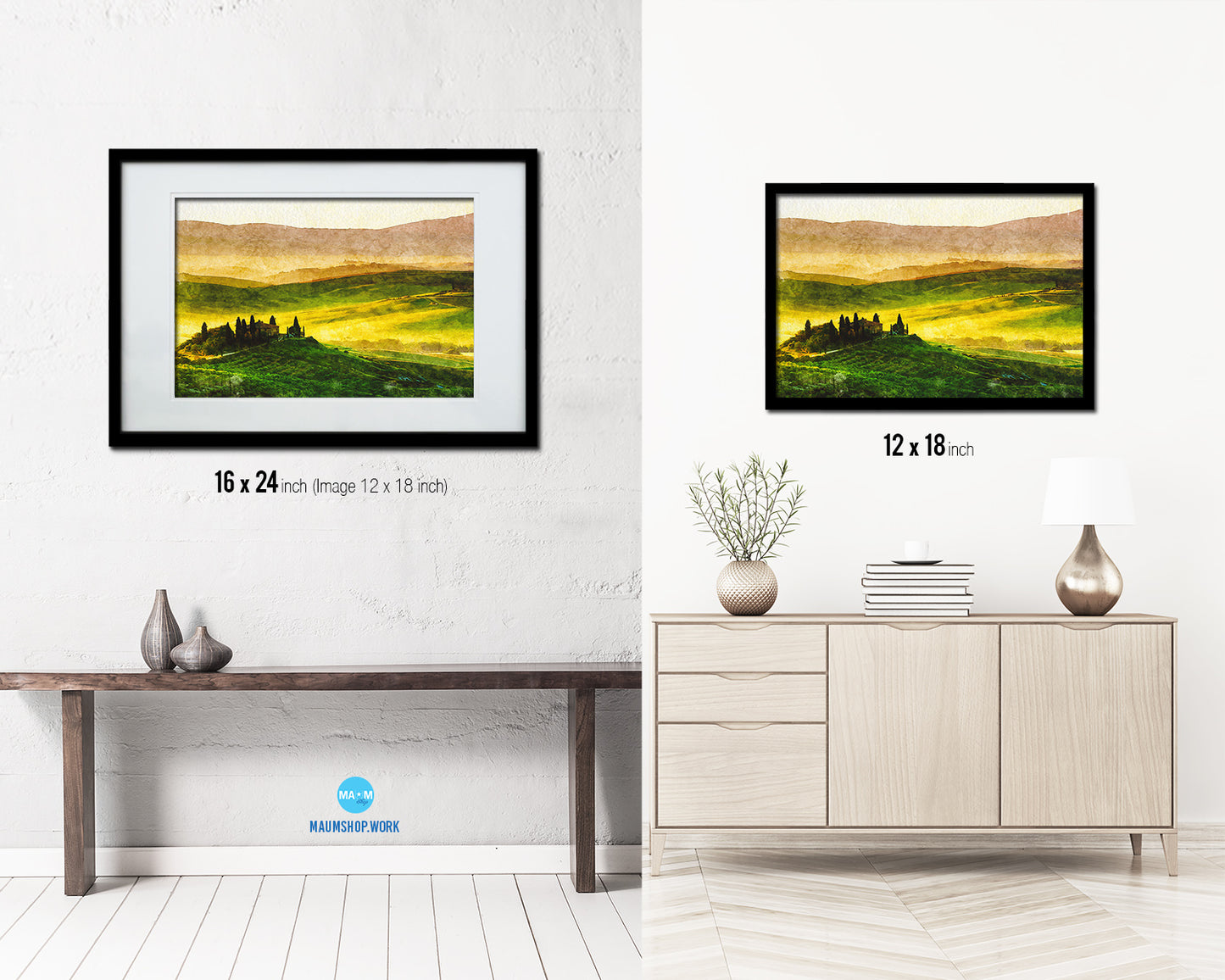 Tuscany, Italy, Landscape Panorama Hills, Meadow Vineyards Artwork Painting Print Art Frame Gifts