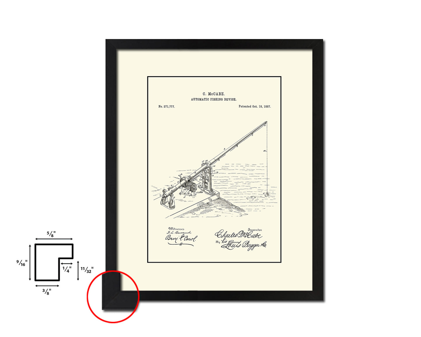 Automatic Fishing Device Fishing Vintage Patent Artwork Black Frame Print Gifts