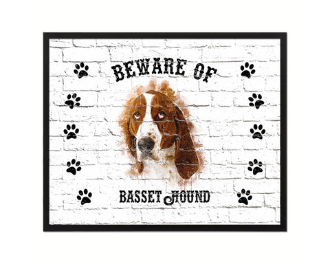 Beware of Basset Hound Sign Wood Framed Print Wall Art Decor Gifts