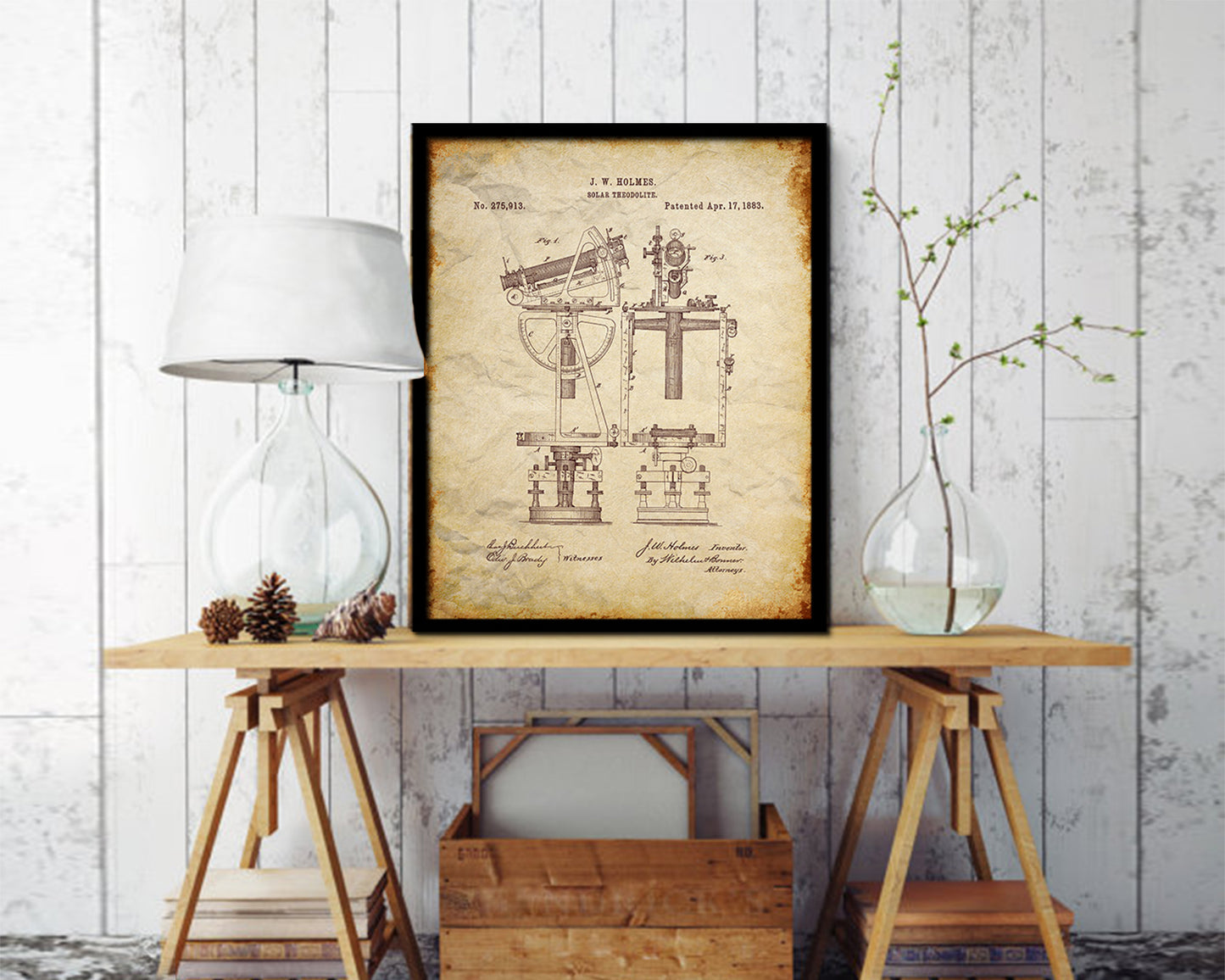 Solar Compass Nautical Vintage Patent Artwork Walnut Frame Gifts