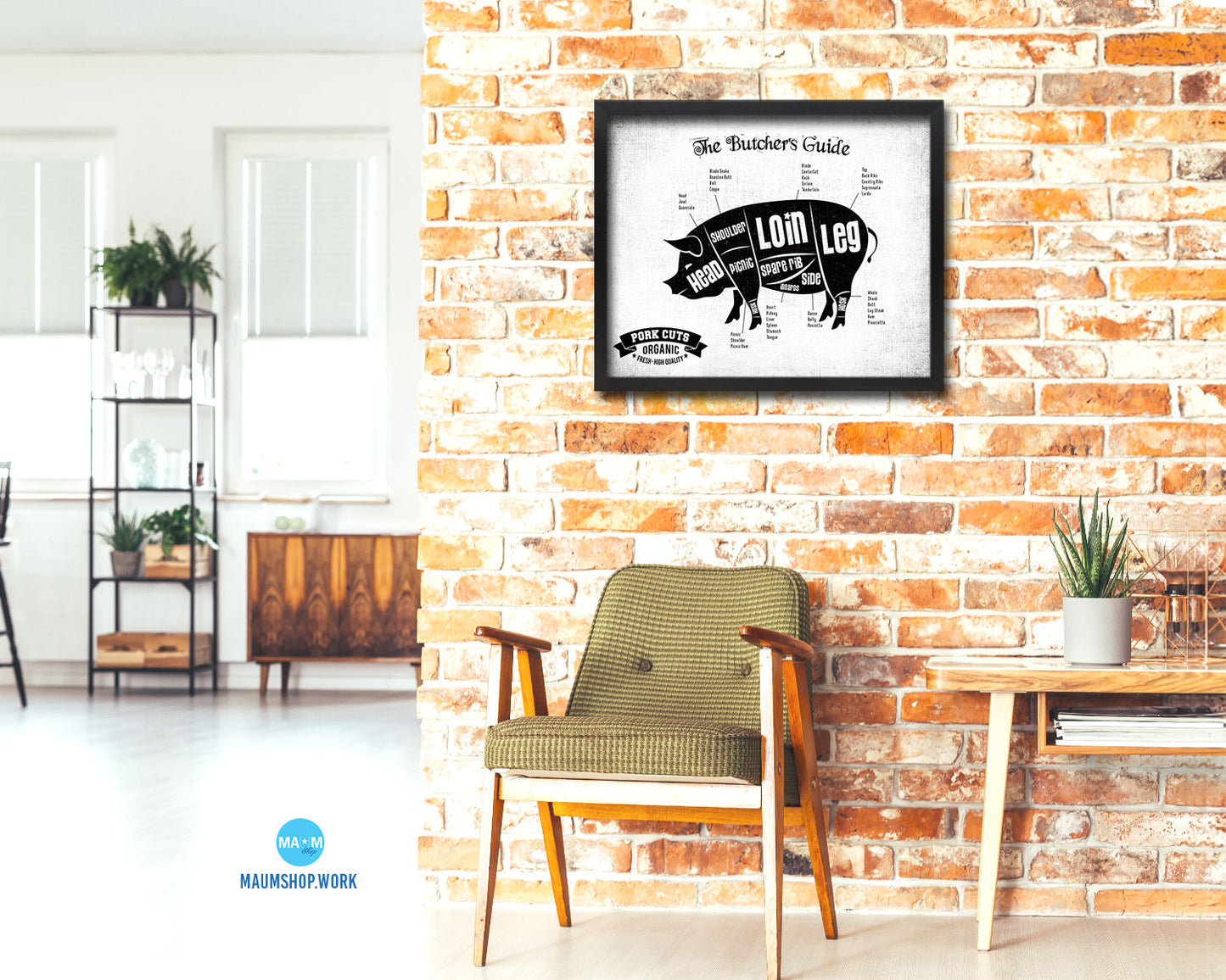 Pork Meat Pig Cuts Butchers Chart Wood Framed Paper Print Home Decor Wall Art Gifts