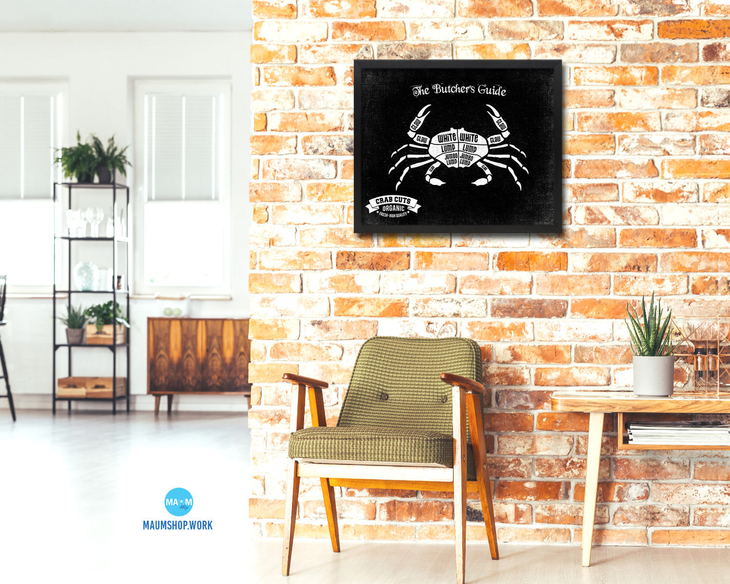 Crab  Meat Cuts Butchers Chart Wood Framed Paper Print Home Decor Wall Art Gifts