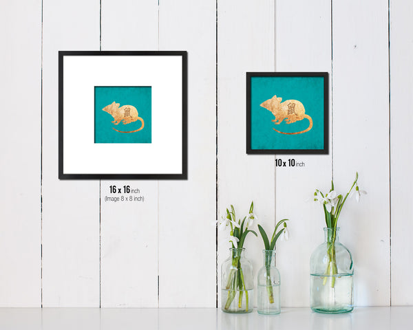 Rat Chinese Zodiac Character Wood Framed Print Wall Art Decor Gifts, Aqua